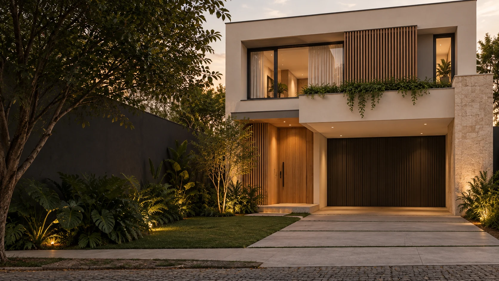 Imagem conceitual de casa contemporânea com jardim e acabamentos naturais